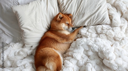 top view of a red dog sleeping soundly on a snow-white bed