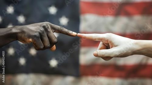a black hand pulls a finger towards a white-skinned finger on a against the backdrop of the U.S. flag