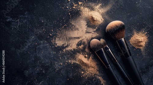 Makeup brushes dispersing beige powder on dark backdrop with space for text Beauty and cosmetics theme photo