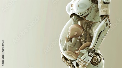 An albino female robot holding her transparent pregnant belly with robot fetus inside