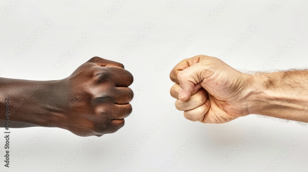 black fist hits a white fist on a against white background black fist hits a white fist on a against white background