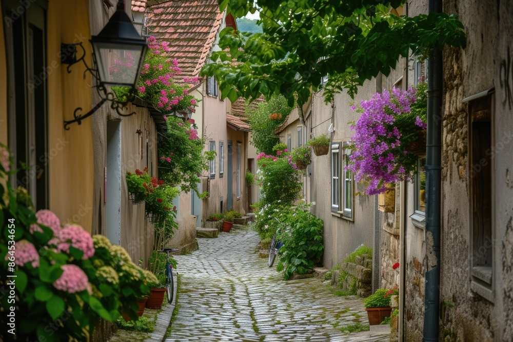 Fototapeta premium a cobblestone street with a stone path between two buildings, narrow cobblestone street in a sleepy European village