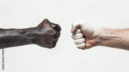 black fist hits a white fist on a against white background