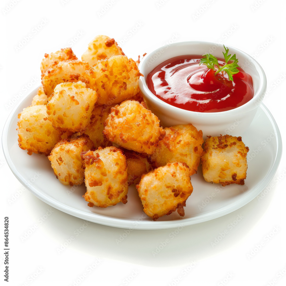 A serving of crispy tater tots with a side of ketchup, isolated on white background A serving of crispy tater tots with a side of ketchup, isolated on white background