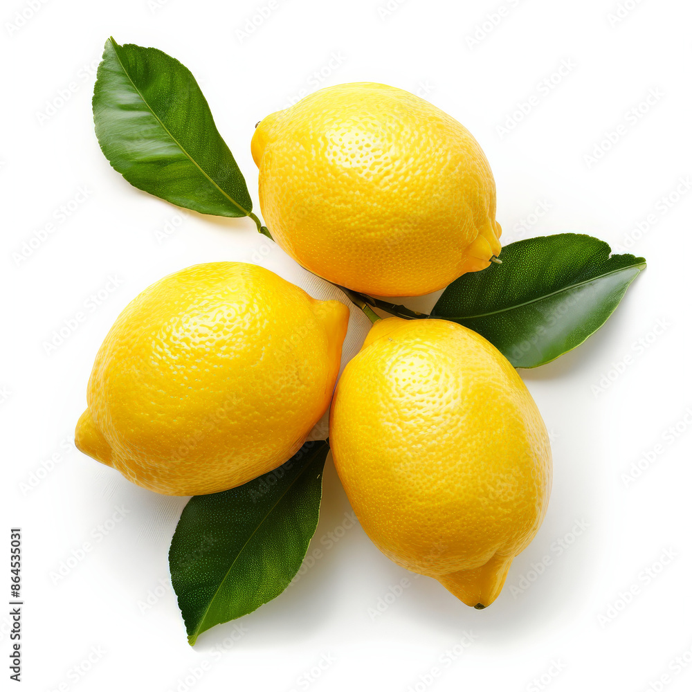 A bunch of fresh, yellow lemons with green leaves, isolated on white background