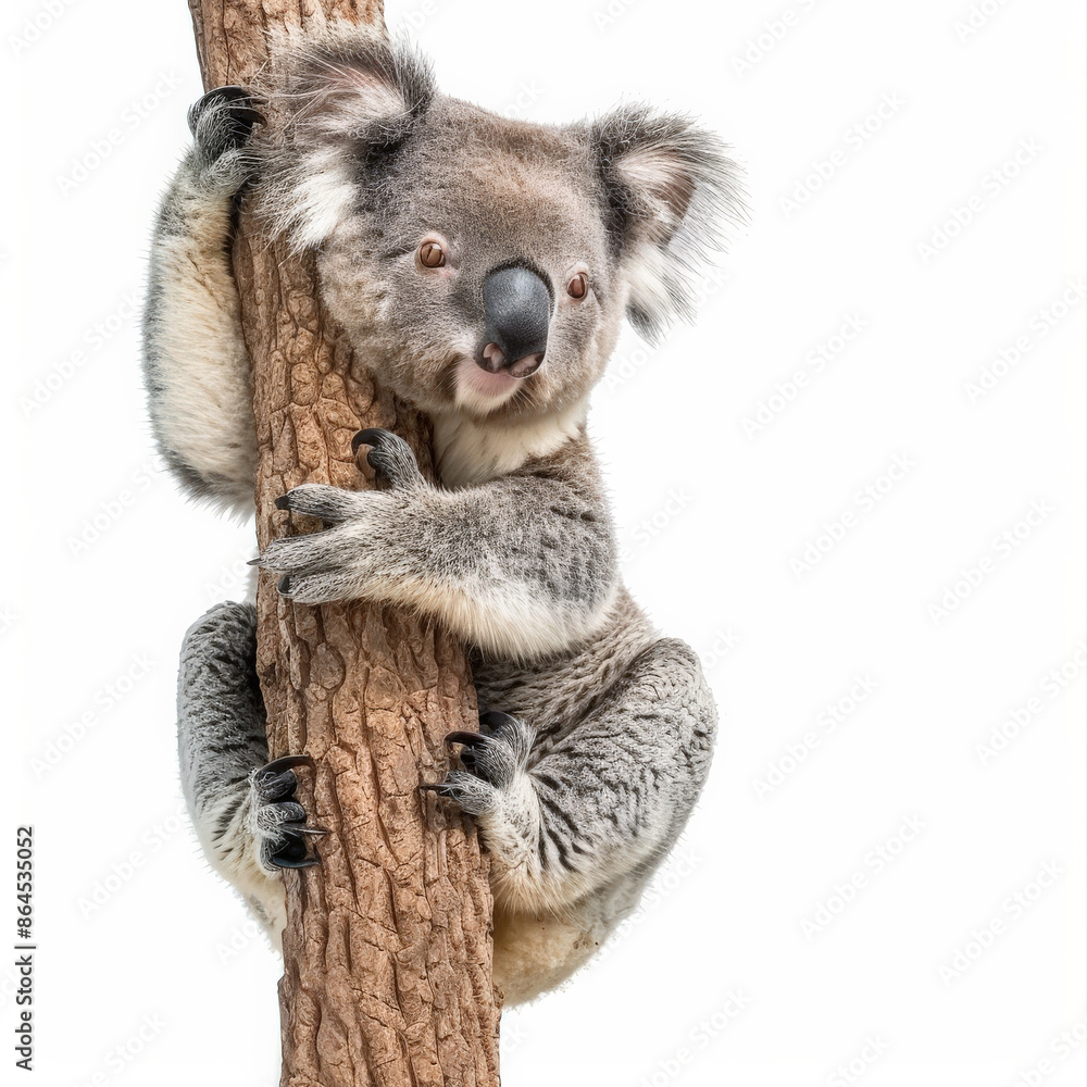 Fototapeta premium A charming koala bear clinging to a eucalyptus tree, isolated on white background