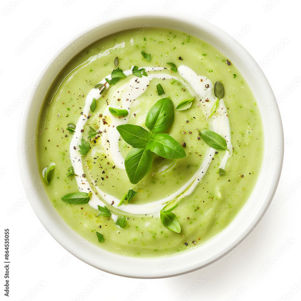 A bowl of creamy avocado soup with a swirl of cream and fresh herbs, isolated on white background A bowl of creamy avocado soup with a swirl of cream and fresh herbs, isolated on white background