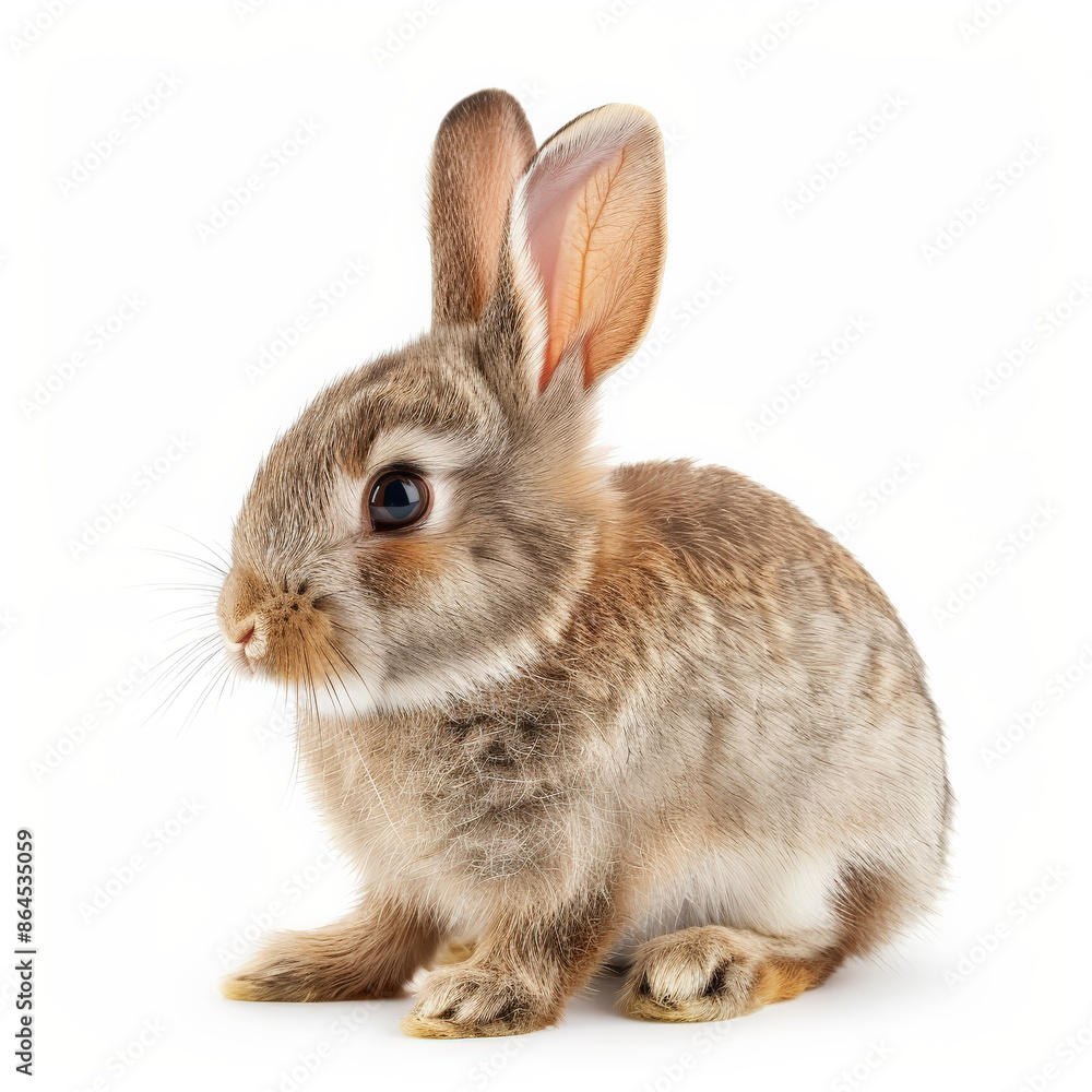 A sweet little bunny with soft fur and long ears, sitting and looking around, isolated on white background A sweet little bunny with soft fur and long ears, sitting and looking around, isolated on white background