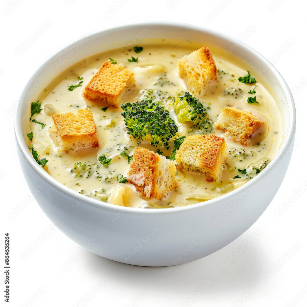 A bowl of creamy broccoli cheddar soup with croutons, isolated on white background A bowl of creamy broccoli cheddar soup with croutons, isolated on white background