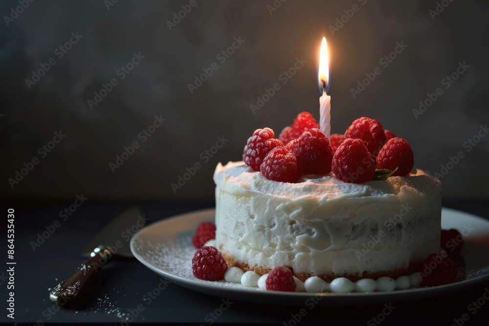 Elegant Simplicity A minimalist cake with a single lit candle and a few strategically placed raspberries for a touch of elegance Elegant Simplicity A minimalist cake with a single lit candle and a few strategically placed raspberries for a touch of elegance