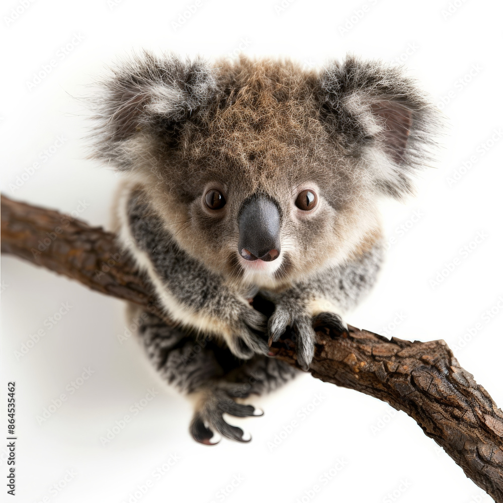 Naklejka premium An adorable baby koala with big eyes and fluffy ears, clinging to a branch, isolated on white background
