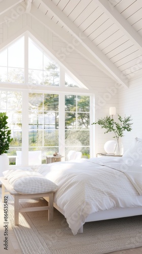A bright, white bedroom with a large window and a wooden floor. The bed is made with white linens and there is a plant in a vase on the nightstand
