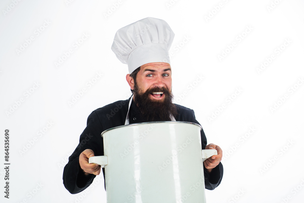 Cooking and culinary. Smiling chef man with pan or casserole at kitchen. Cookware. Professional chef in uniform with big cooking pot. Bearded cook prepares food in saucepan. Healthy food menu recipes. Cooking and culinary. Smiling chef man with pan or casserole at kitchen. Cookware. Professional chef in uniform with big cooking pot. Bearded cook prepares food in saucepan. Healthy food menu recipes.
