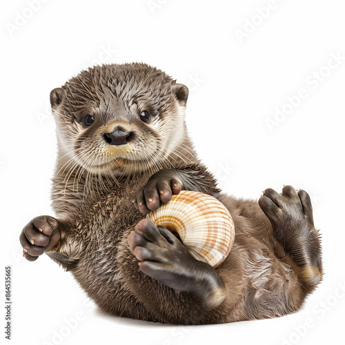 A playful otter pup floating on its back, holding a shell, isolated on white background © wolfhound911