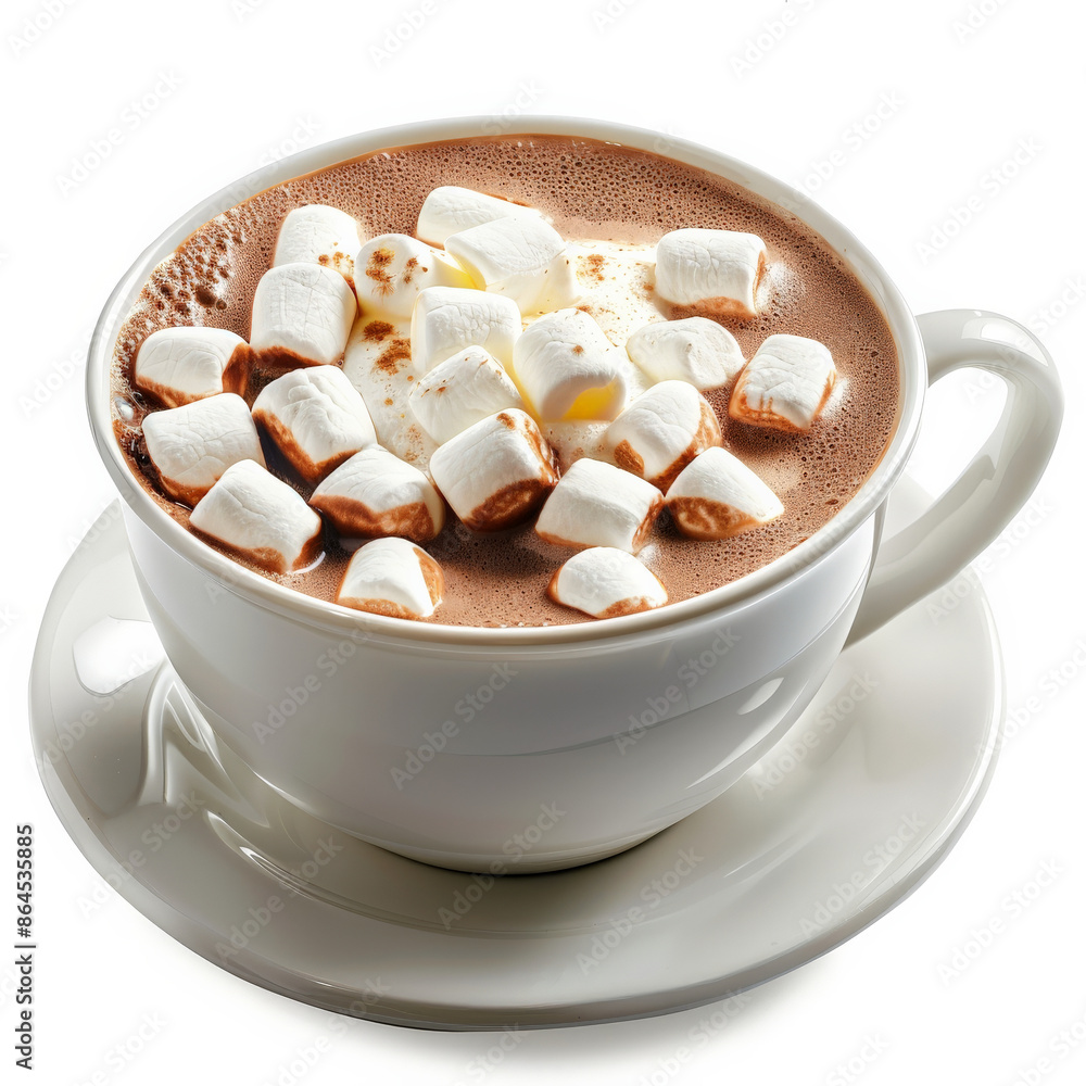 A cup of hot chocolate with melted marshmallows on top, isolated on white background A cup of hot chocolate with melted marshmallows on top, isolated on white background