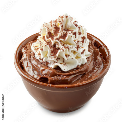 A bowl of chocolate mousse with whipped cream on top, isolated on white background