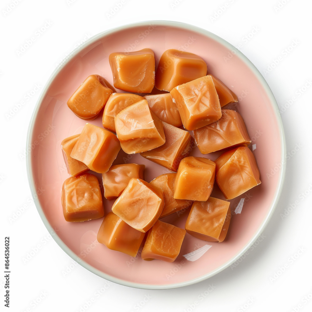 A plate of chewy caramel candies, isolated on white background A plate of chewy caramel candies, isolated on white background
