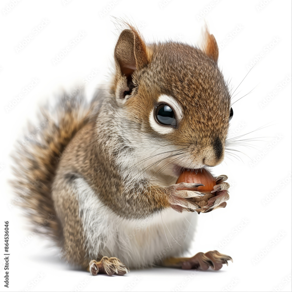A tiny baby squirrel with a bushy tail, holding an acorn, isolated on white background A tiny baby squirrel with a bushy tail, holding an acorn, isolated on white background