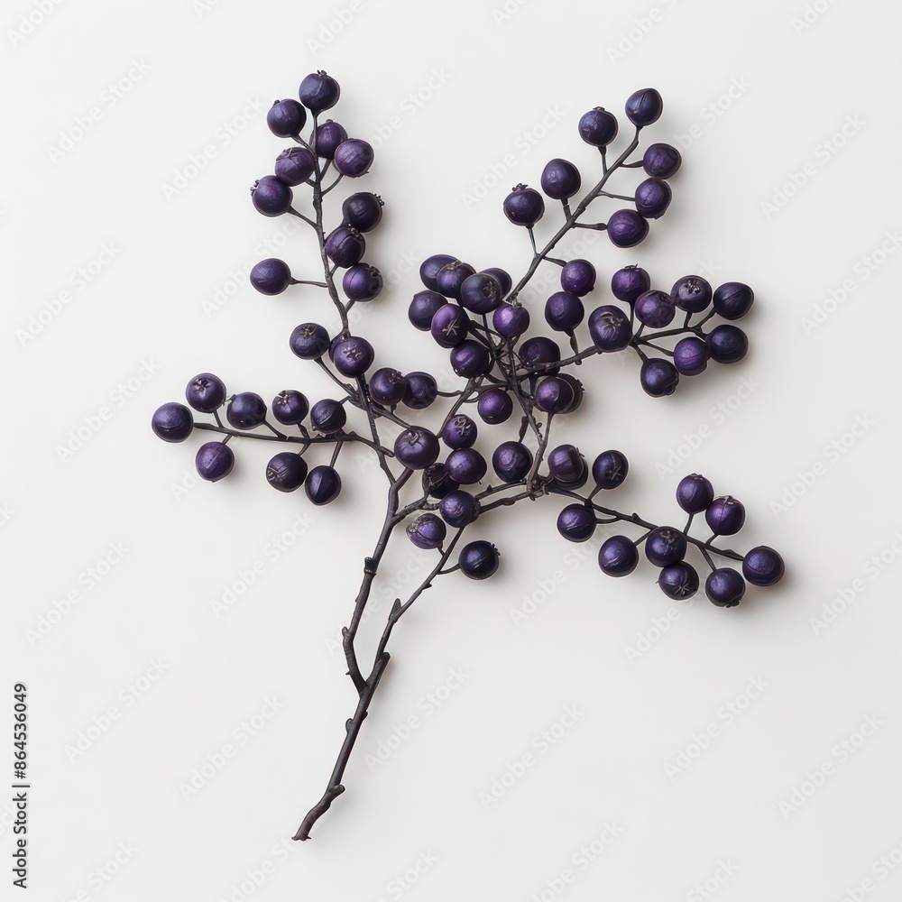 A serviceberry tree branch laden with dark purple berries, set against a clean white backdrop A serviceberry tree branch laden with dark purple berries, set against a clean white backdrop