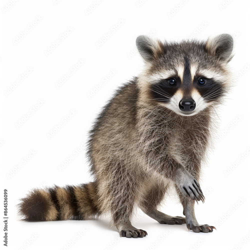 Fototapeta premium An adorable raccoon kit with a mask-like face and bushy tail, standing and looking around, isolated on white background