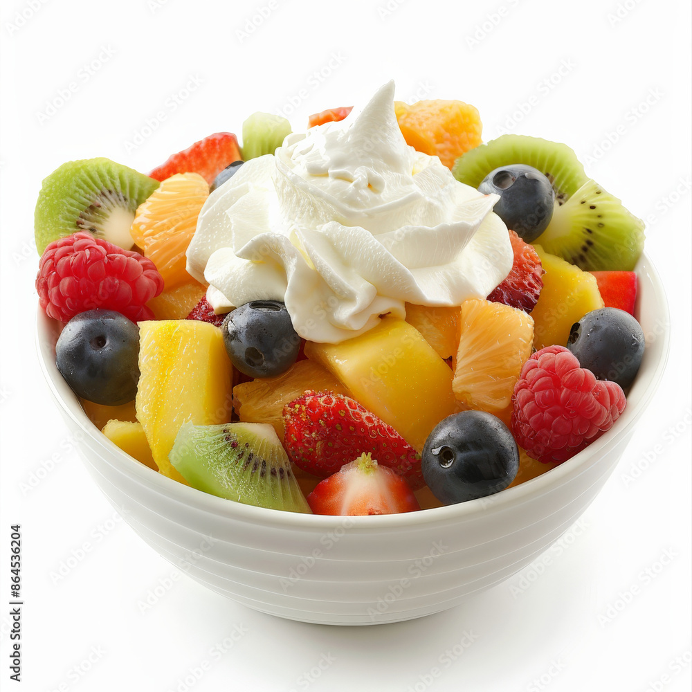 A bowl of fruit salad with a dollop of whipped cream, isolated on white background A bowl of fruit salad with a dollop of whipped cream, isolated on white background