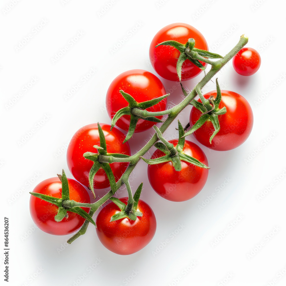 A cluster of ripe, juicy cherry tomatoes, isolated on white background A cluster of ripe, juicy cherry tomatoes, isolated on white background
