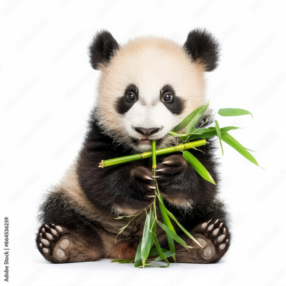 An adorable panda cub chewing on bamboo, isolated on white background An adorable panda cub chewing on bamboo, isolated on white background