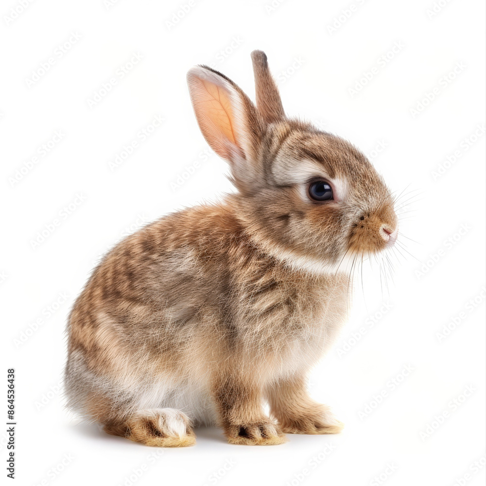 A sweet little bunny with soft fur and long ears, sitting and looking around, isolated on white background A sweet little bunny with soft fur and long ears, sitting and looking around, isolated on white background