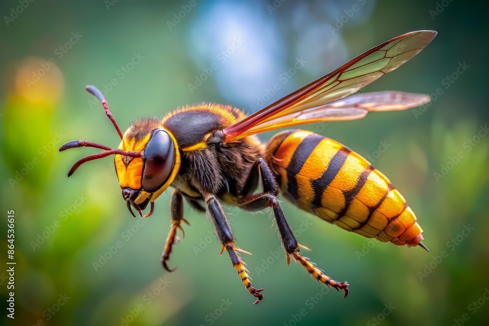 A large, yellow and black Asian Giant Hornet, Vespa mandarinia, with distinctive orange stripe, flies in mid-air, its wings beating rapidly, against a blurred natural background. A large, yellow and black Asian Giant Hornet, Vespa mandarinia, with distinctive orange stripe, flies in mid-air, its wings beating rapidly, against a blurred natural background.