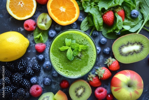 Wallpaper Mural a glass of green smoothie surrounded by fruit, refreshing green smoothie amidst an array of fresh fruits Torontodigital.ca