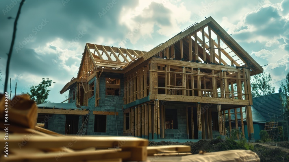New house under construction, wooden frames and rooftop