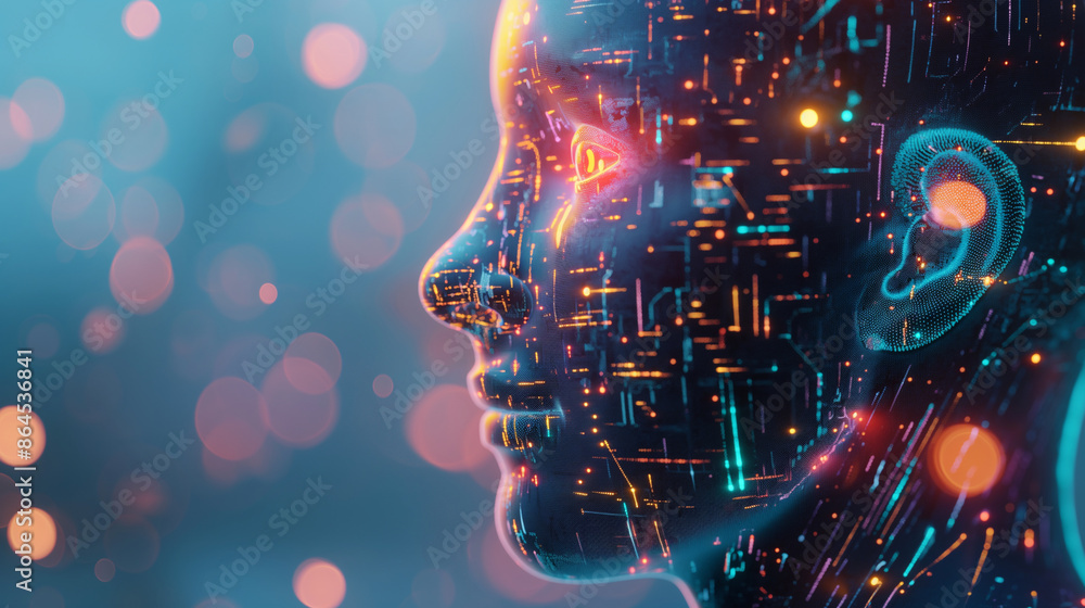 Artificial intelligence concept with a digitized human head filled with circuits and codes. Generative AI Artificial intelligence concept with a digitized human head filled with circuits and codes. Generative AI