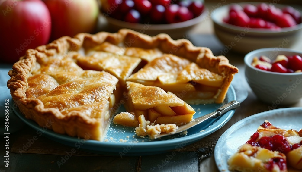 A close-up view of an apple pie on a blue plate where several pieces are missing. Beside it is another cake piece and two plates with pizza slices, as well as a knife in the scene. A close-up view of an apple pie on a blue plate where several pieces are missing. Beside it is another cake piece and two plates with pizza slices, as well as a knife in the scene.