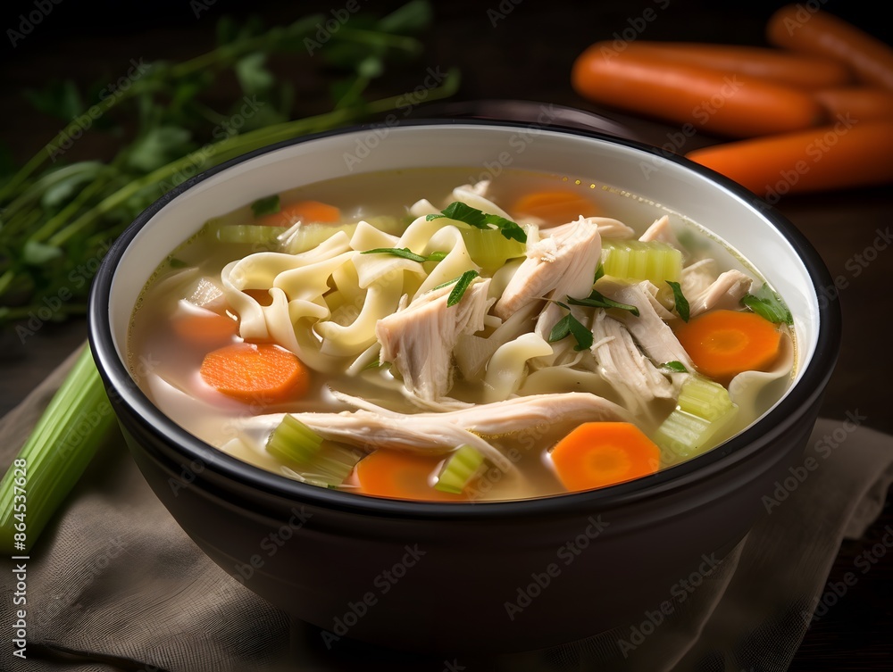 Hearty homemade chicken fusilli soup with carrots and fresh herbs. Hearty homemade chicken fusilli soup with carrots and fresh herbs.