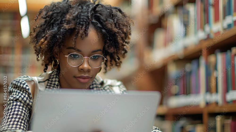 African American female professor using laptop while doing a research at university library African American female professor using laptop while doing a research at university library