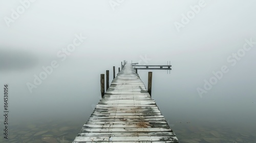A wooden dock juts out into a still lake on a foggy day. © Design