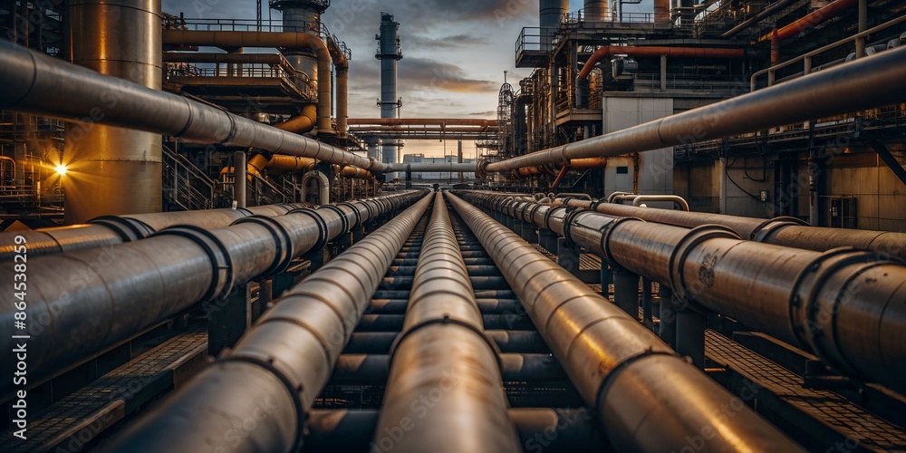 A large industrial concern, industry pipeline for transport petrochemical, gas and oil processing, factory turbine line, rack of heat chemical petroleum, equipment steel pipes. Ecological concept. A large industrial concern, industry pipeline for transport petrochemical, gas and oil processing, factory turbine line, rack of heat chemical petroleum, equipment steel pipes. Ecological concept.