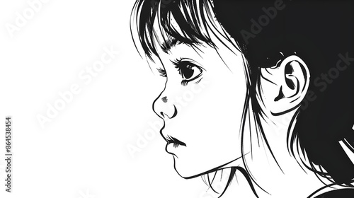 Simple line drawing of a Chinese girl with large eyes; simple coloring and line work in the side profile image. Black ink on white paper depicts the chinese girl with in a vector 