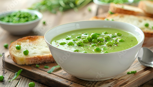 Bowl of green peas cream soup on wooden table