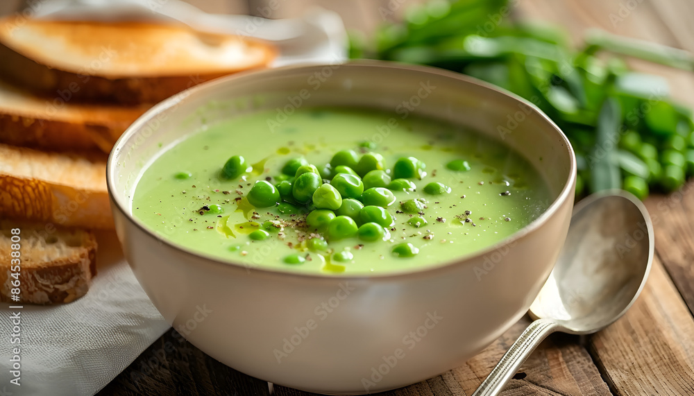Bowl of green peas cream soup on wooden table Bowl of green peas cream soup on wooden table