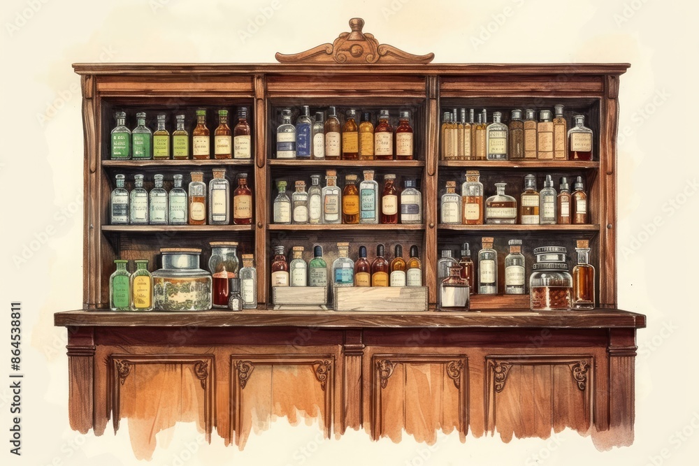 a painting of a shelf with bottles and plants, vintage styled illustration of an old fashioned apothecary a painting of a shelf with bottles and plants, vintage styled illustration of an old fashioned apothecary