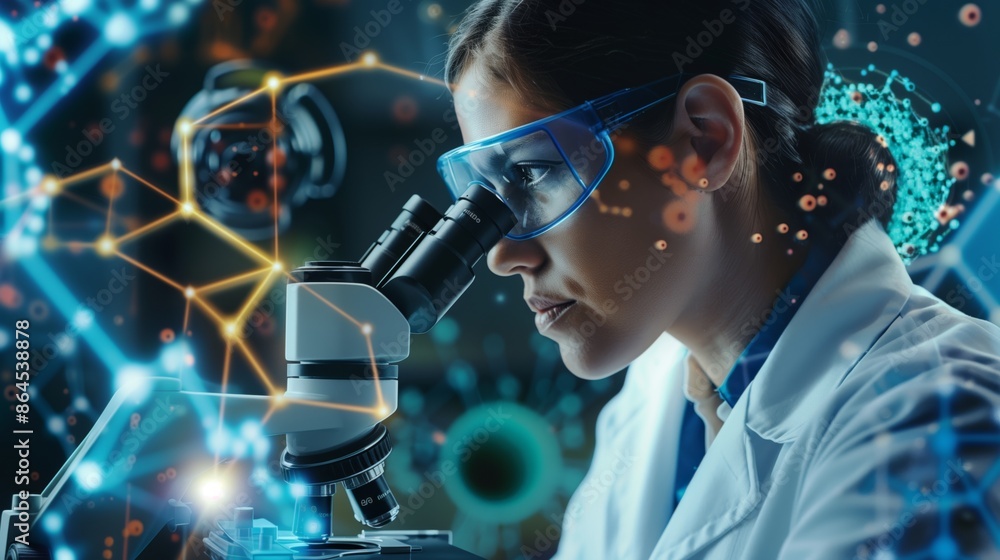 A scientist intensely focuses on a biological puzzle in a high-tech lab, surrounded by futuristic equipment. A scientist intensely focuses on a biological puzzle in a high-tech lab, surrounded by futuristic equipment.