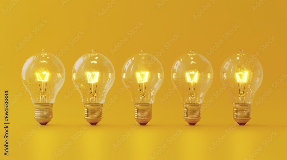 Five yellow incandescent light bulbs glowing on a yellow background, symmetry and innovation concept. Five yellow incandescent light bulbs glowing on a yellow background, symmetry and innovation concept.