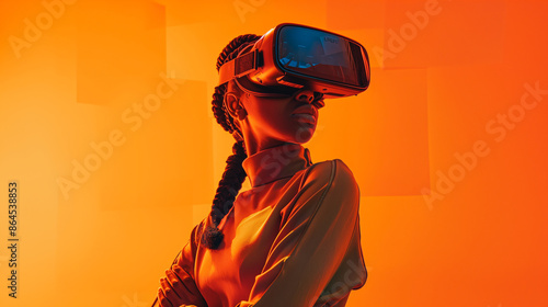 Immersive future: A woman in VR gear stands confidently against an orange backdrop, embodying the integration of technology and human experience.
