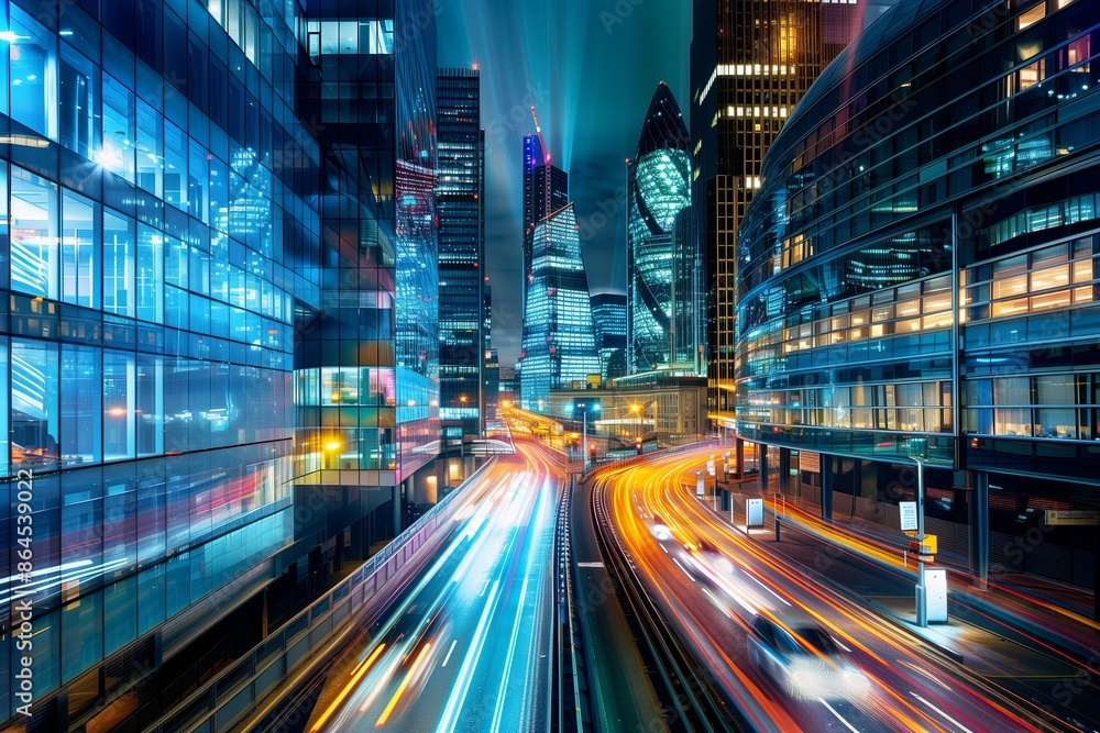 Fototapeta premium City at night with traffic in urban road. Lights in cityscape buildings on the street. Speed and motion in modern skyline architecture. Transportation business travel in China.