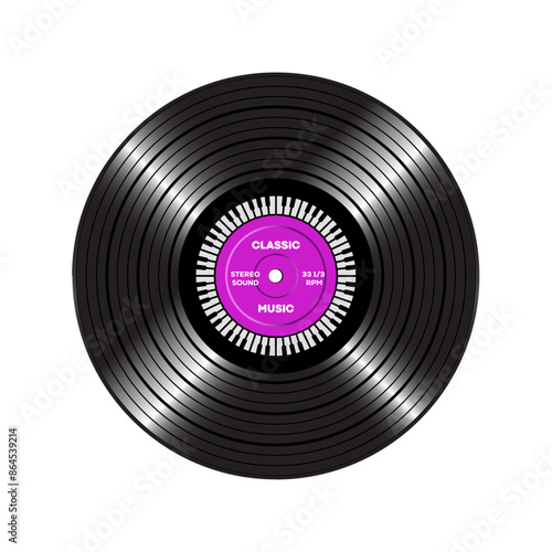 Long play vynil record with purple label and a circle of piano keys all over a white background.