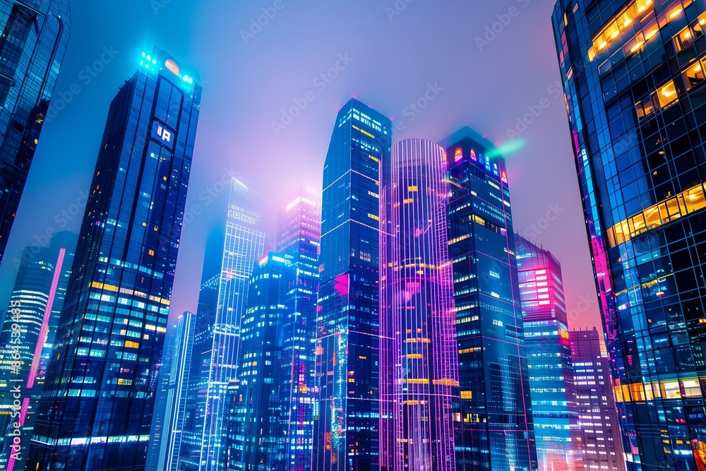 Fototapeta premium City skyscraper for business cityscape. Architecture at night with skyline office. Modern urban tower in downtown building. View evening light with high sky. Blue landmark district