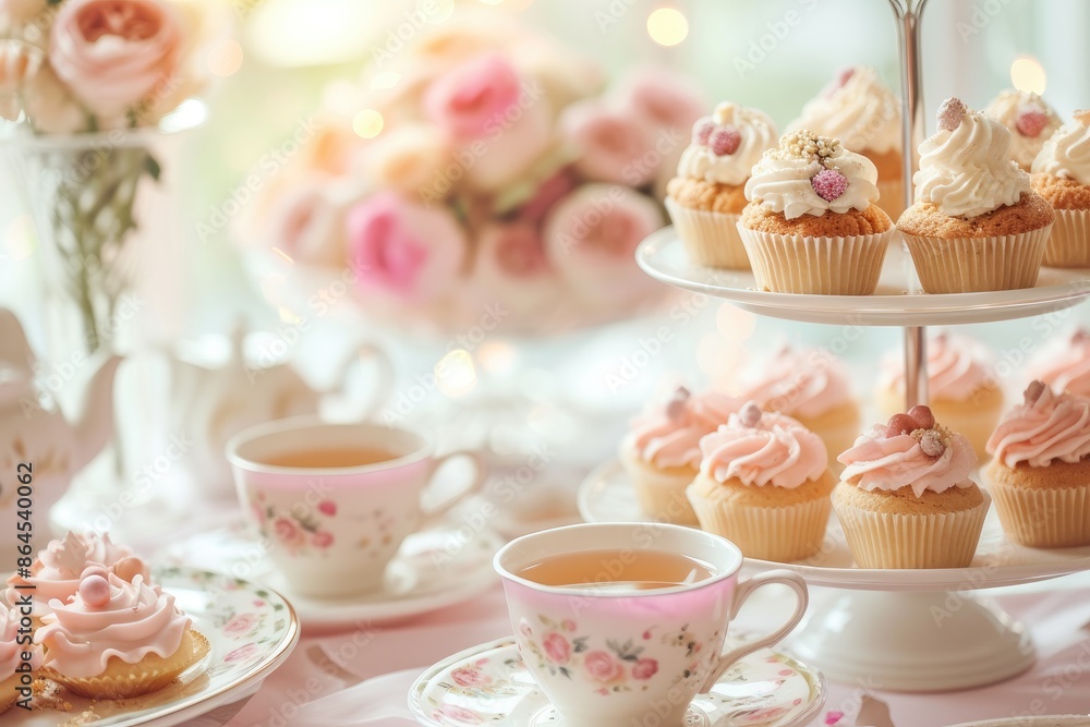 a table with a plate of macarons and a cup of tea, Craft a background with a birthday tea party and elegant teacups a table with a plate of macarons and a cup of tea, Craft a background with a birthday tea party and elegant teacups