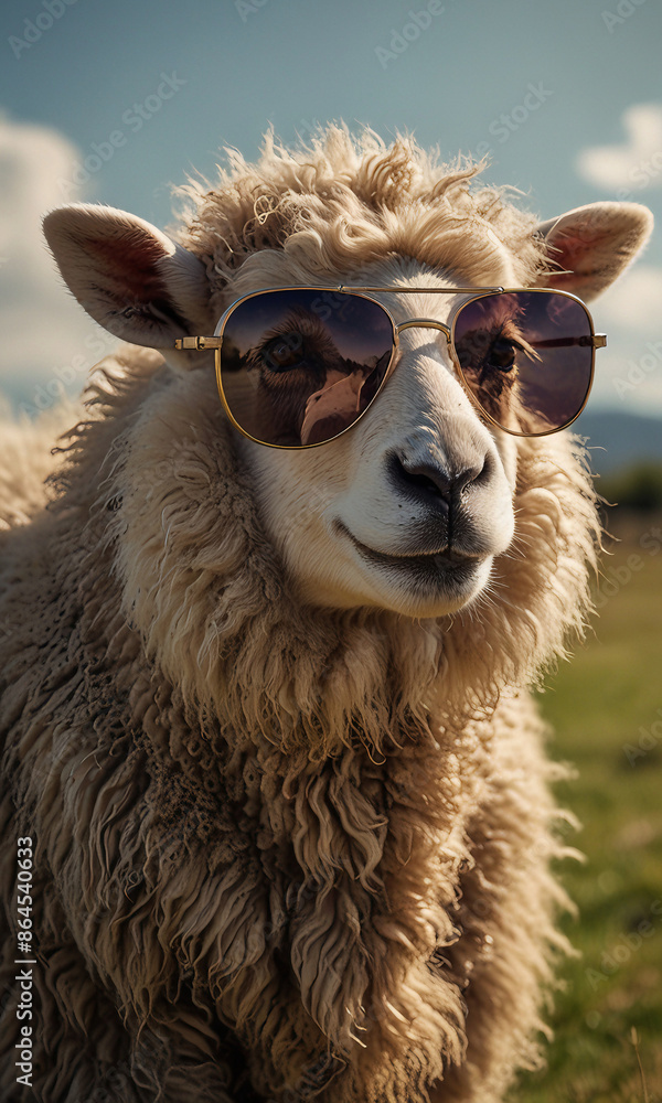 Obraz premium Portrait of a sheep wearing sunglasses, exuding a playful and humorous vibe with a touch of cool sophistication