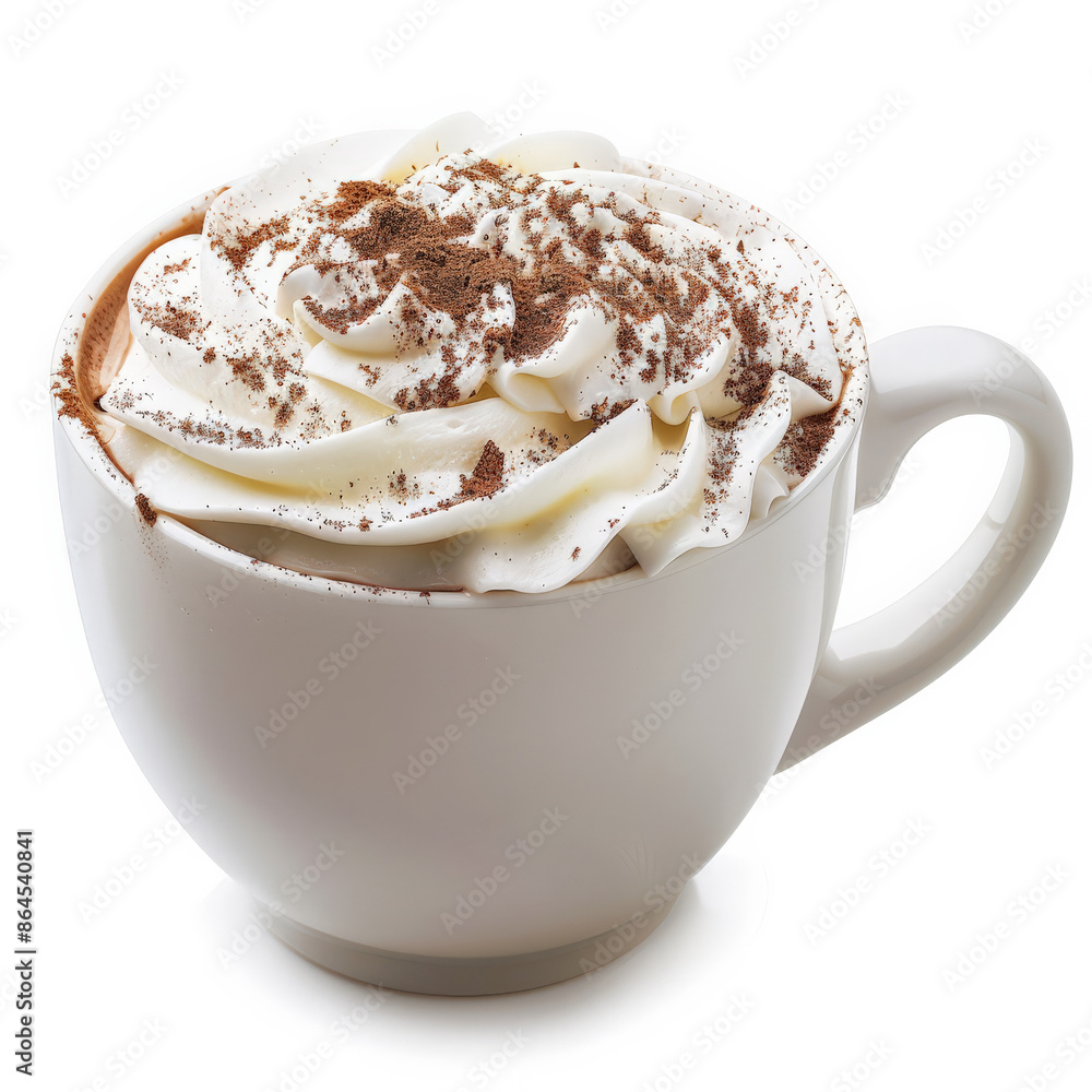 A cup of hot cocoa with whipped cream and a sprinkle of cocoa powder, isolated on white background A cup of hot cocoa with whipped cream and a sprinkle of cocoa powder, isolated on white background